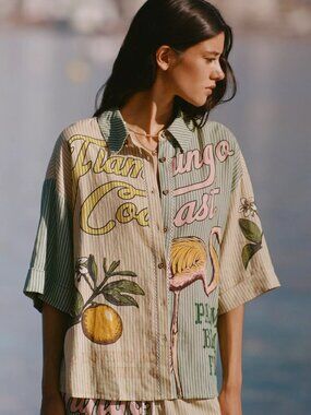 🌴 Anthropologie Celandine Short-Sleeve Linen-Blend Buttondown Shirt Small S